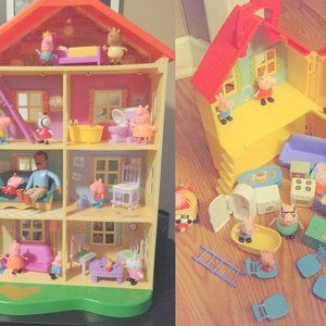 HUGE ! Peppa Pig TWO Houses LOT Deluxe & Carry playsets Figurines Furniture toys